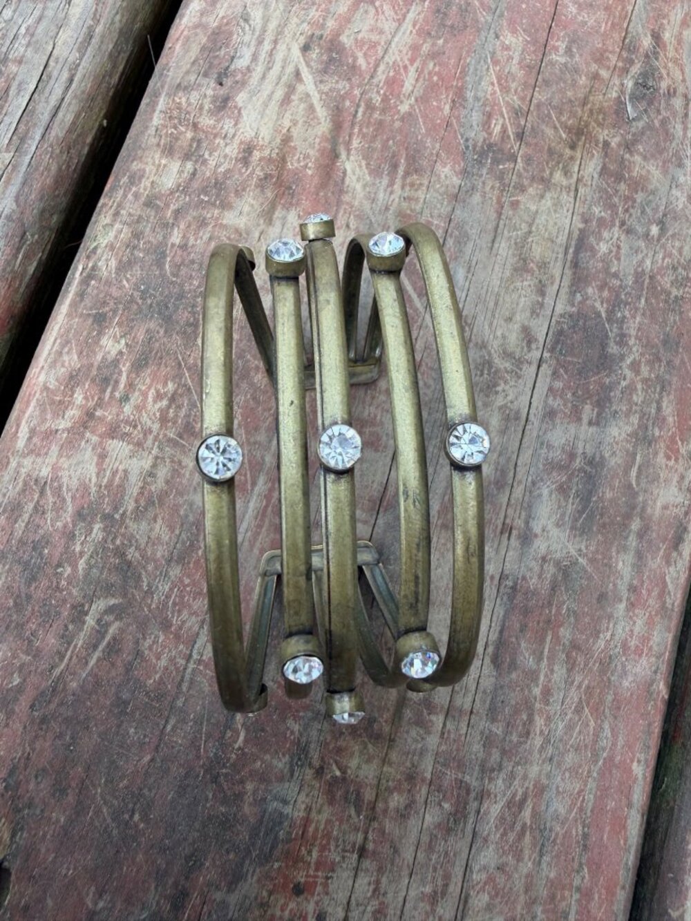 Vintage Brass-Tone Open Cuff Bracelet With Clear Rhinestones Adjustable Fit Stat
